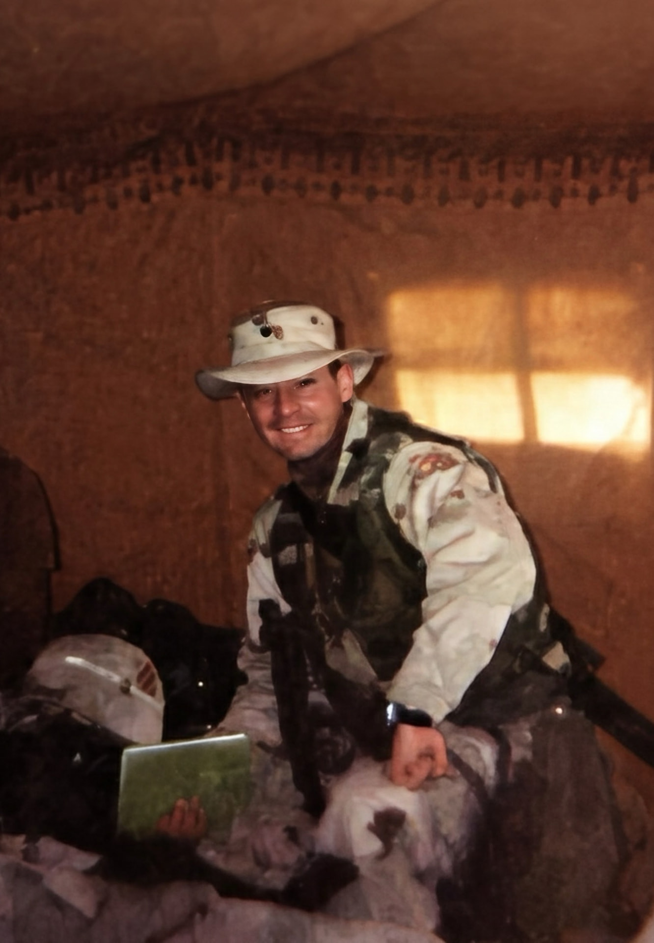 David F. Zapata inside a field tent during deployment